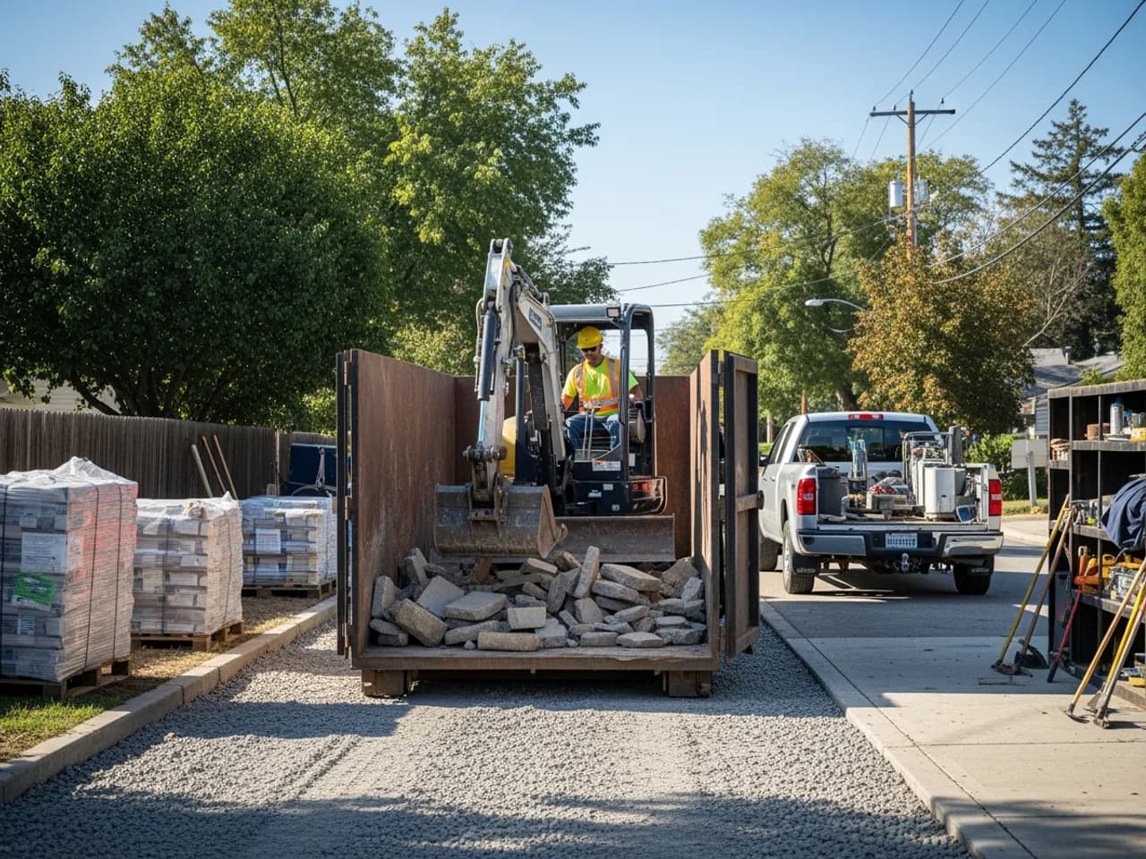 Construction debris loading near a roll-off dumpster