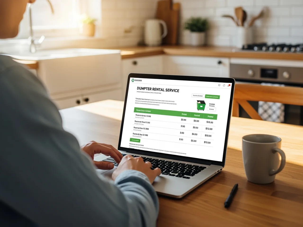 Homeowner reviewing a dumpster rental quote on a laptop